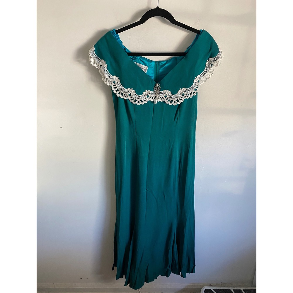 Vintage Jessica McClintock Bridal Teal Lace Portrait Collar Gown‎ Dress 9/10 USA